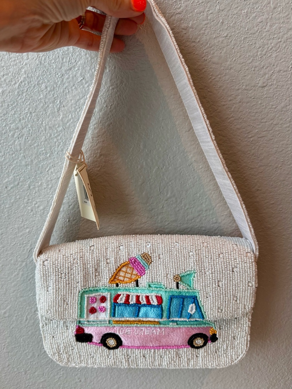 White Beaded Shoulder Bag with Embroidered Ice Cream Truck